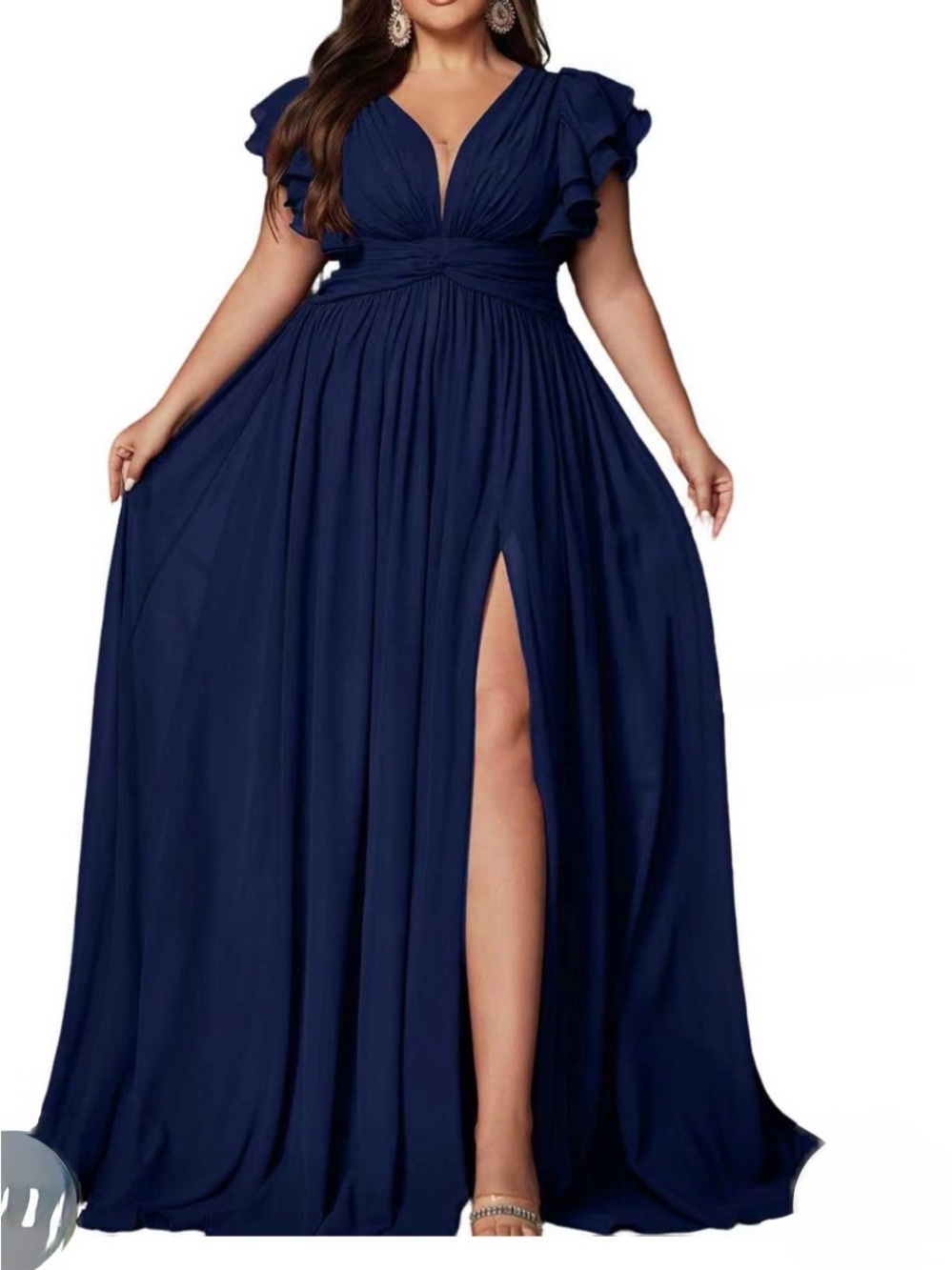 Navy V-Neck Chiffon Midi Dress
